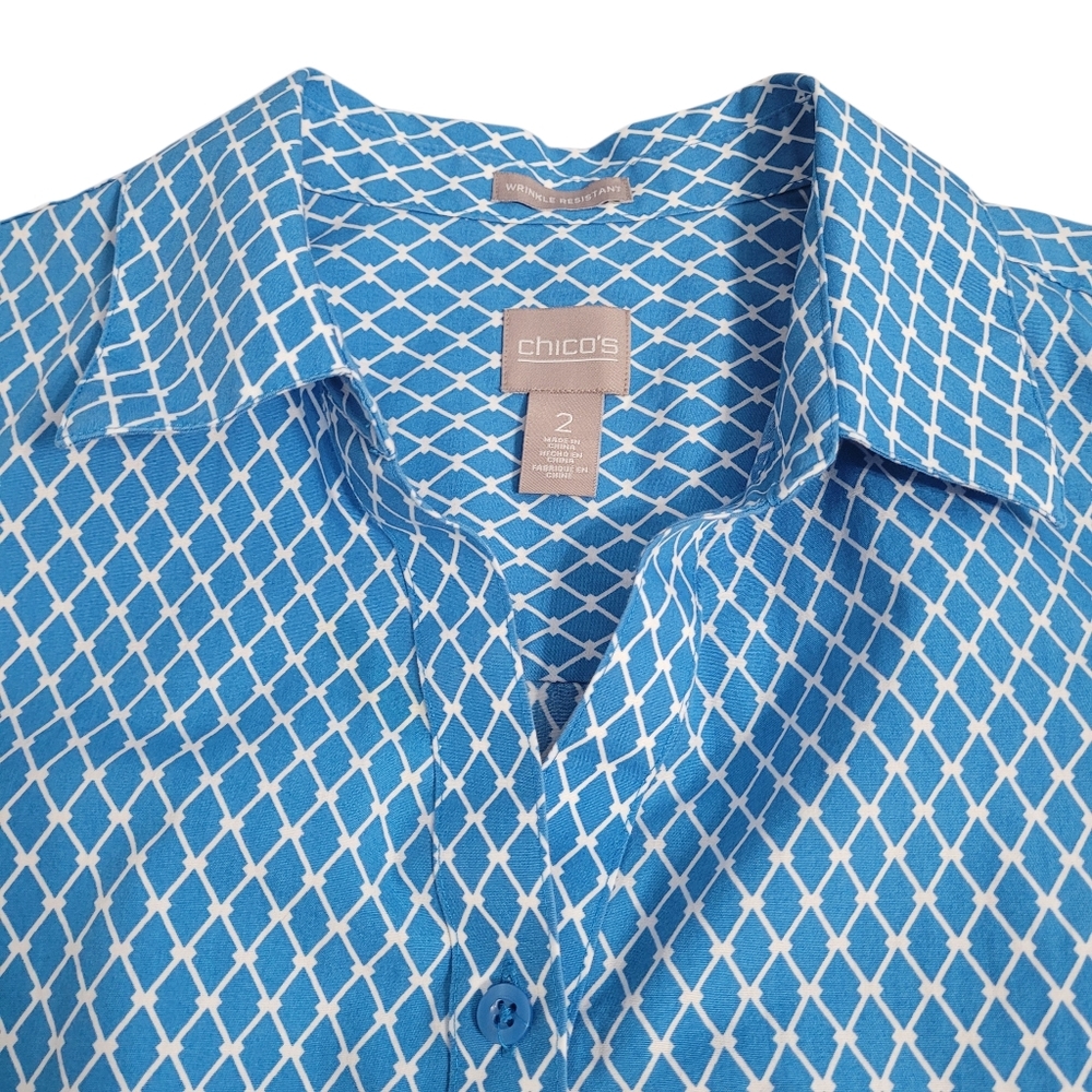 Chico’s Blue Geometric Button-Up Blouse Size 2 ( Women's Size 10)